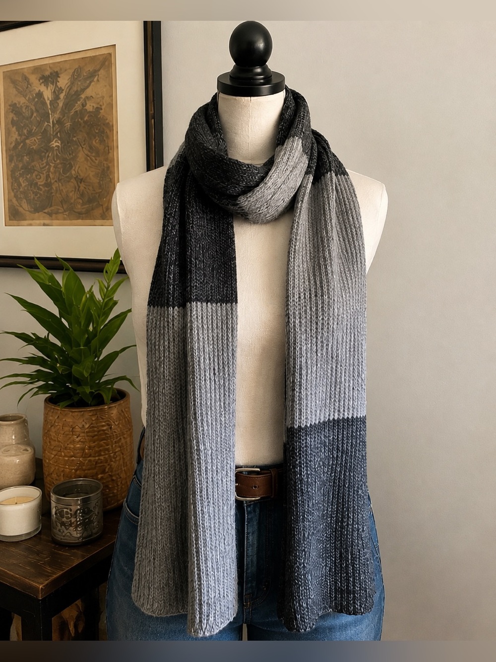 FRYE Made in Italy Wool Cashmere Scarf Gray Colorblock 96โ Extra Long